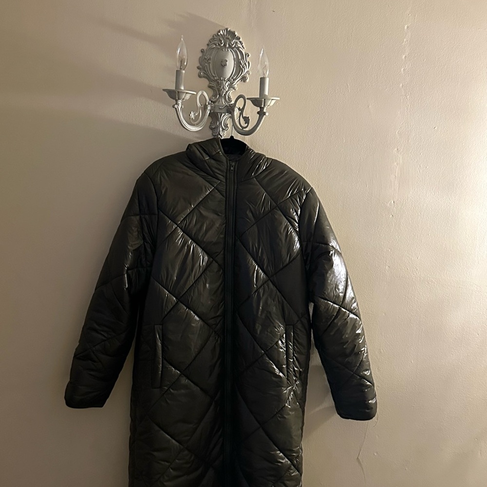 Quilted Long Puffer Coat in Dark Green